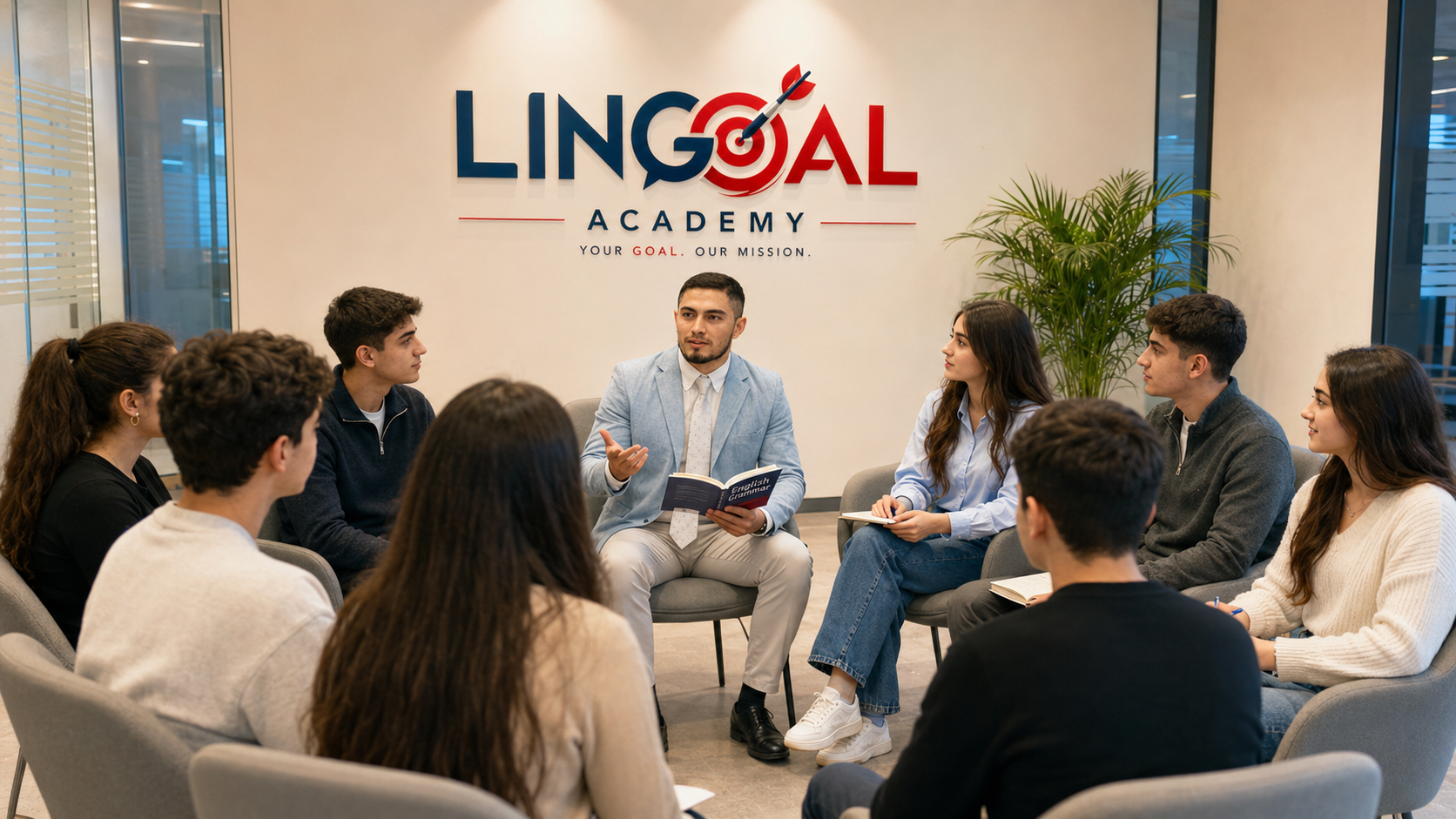 Students in a conversation circle at Lingoal Academy's Conversation Hub