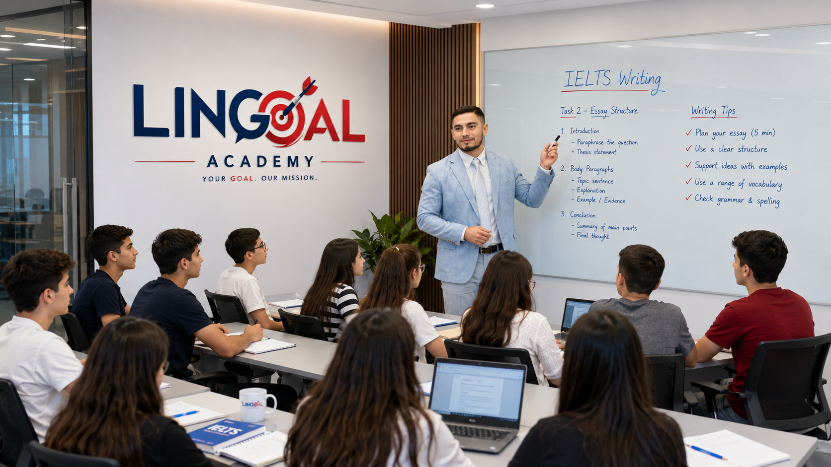 Haydar Zeynalov teaching an IELTS Writing class at Lingoal Academy
